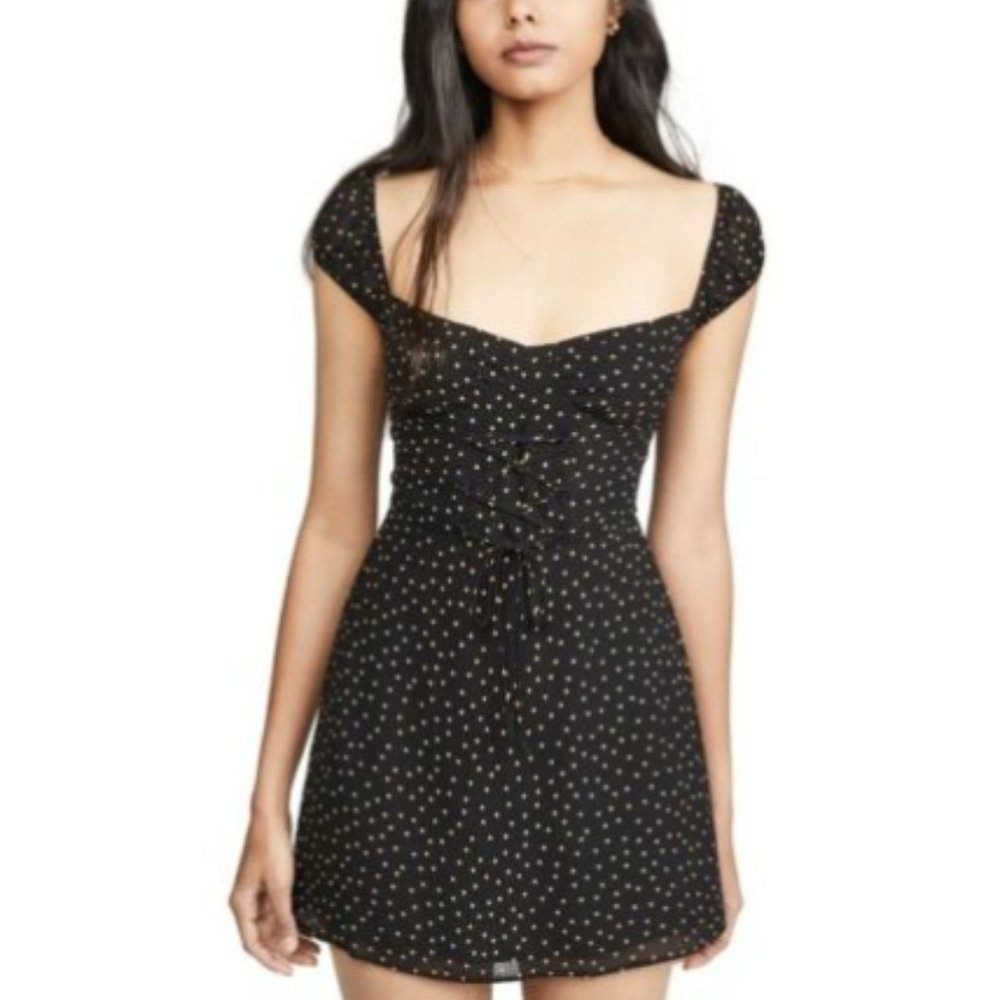 Reformation Black Yellow Polka Dot Lace Up Smocked Mini Dress Womens Size 10